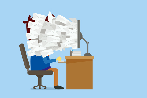 Many E-mail out of computer screen to worker face which he neede